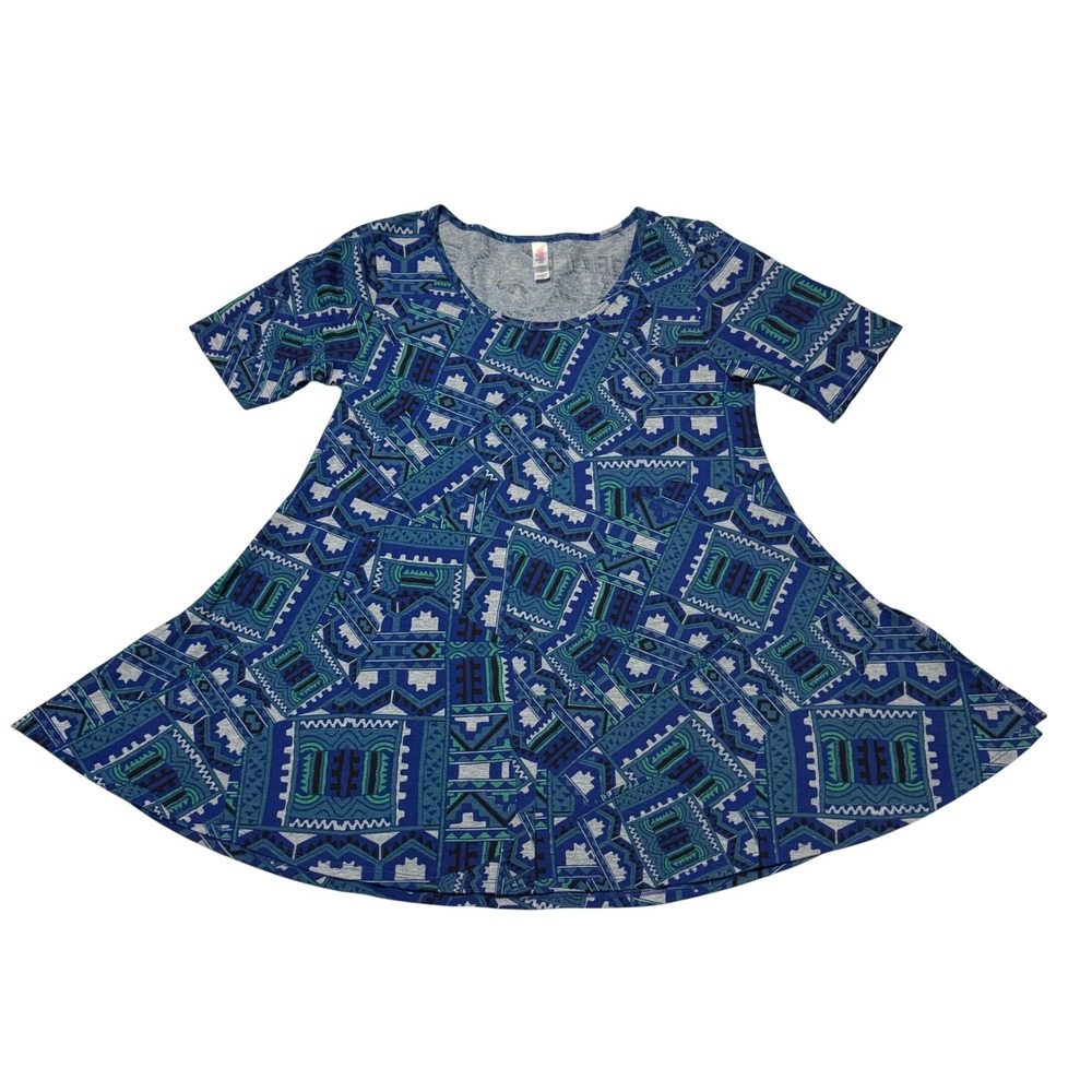 LuLaRoe Perfect T Womens XS Blue Green Geometric Tribal Print Tunic Flared #118